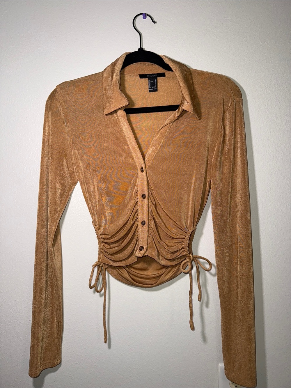 Forever 21 Tan Ruched Drawstring Button-Down Top